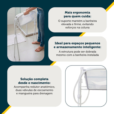 Banheira Dobrável Infantil Safety 1st Nami com Suporte e Redutor White - Compacta para o dia a dia